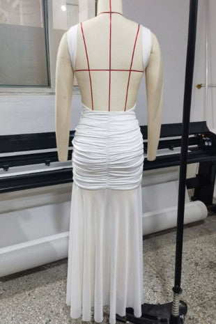 Mesh Metallic Decor Ruched Backless Sleeveless Maxi Dress