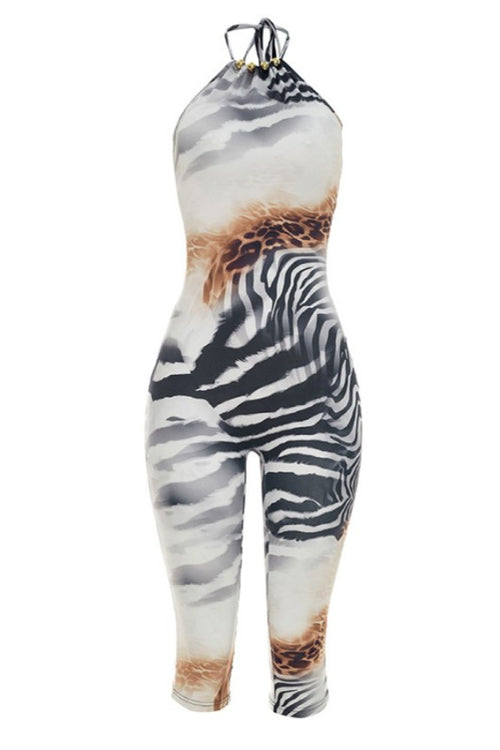 Savage Luxe Halter Capri Jumpsuit Zebra & Leopard Print Bodycon