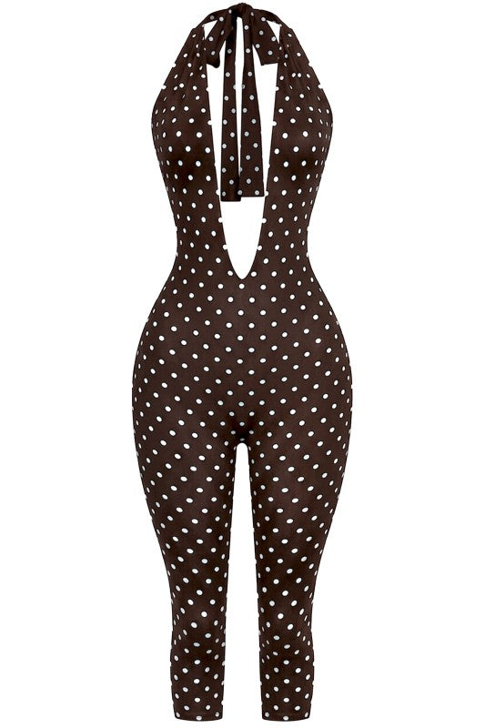 Mocha Muse Polka Dot Halter Jumpsuit Open Back Bodycon Capri