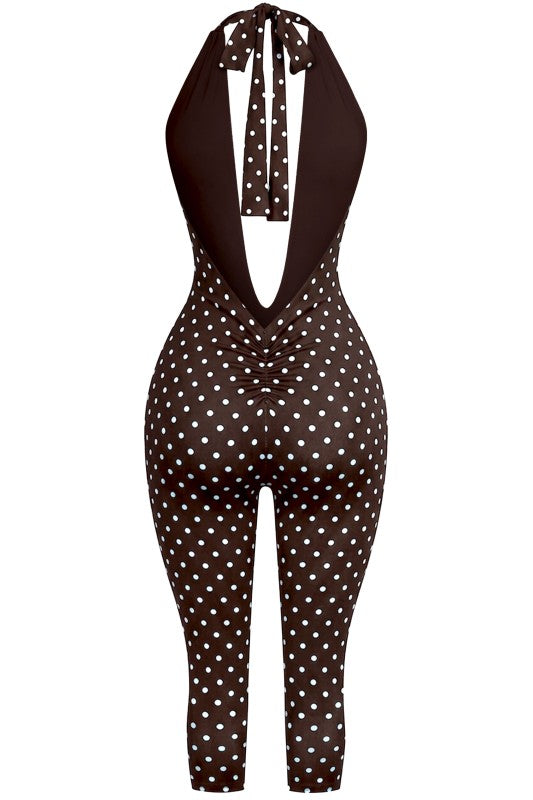 Mocha Muse Polka Dot Halter Jumpsuit Open Back Bodycon Capri alternate view