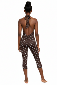 Mocha Muse Polka Dot Halter Jumpsuit Open Back Bodycon Capri view 4