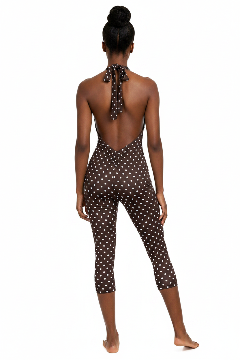 Mocha Muse Polka Dot Halter Jumpsuit Open Back Bodycon Capri