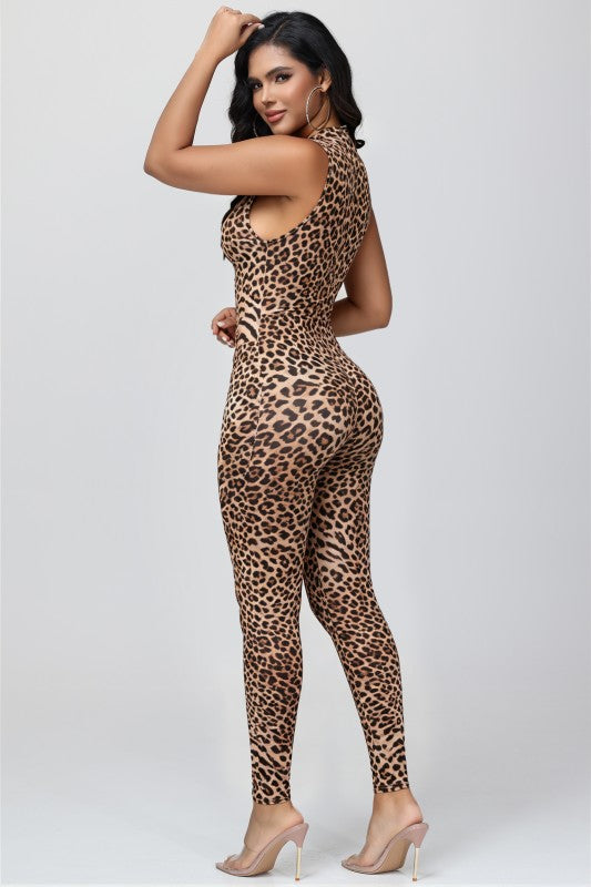 Wild Allure Leopard Cutout Jumpsuit – High Neck Bodycon Catsuit alternate view