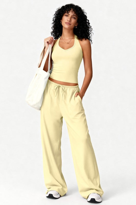 Soft Glow Lounge Set โ Halter Top & Wide Leg Pants