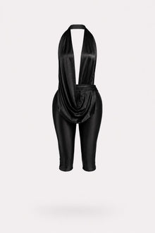 Luxe Drip Halter Capri Jumpsuit Satin Deep Plunge Bodycon Set view 3
