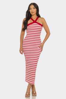 Luxe Crimson Stripe Cross-Neck Midi Dress view 5