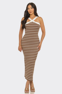 Luxe Crimson Stripe Cross-Neck Midi Dress view 2