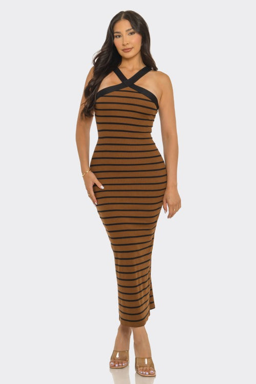 Luxe Crimson Stripe Cross-Neck Midi Dress