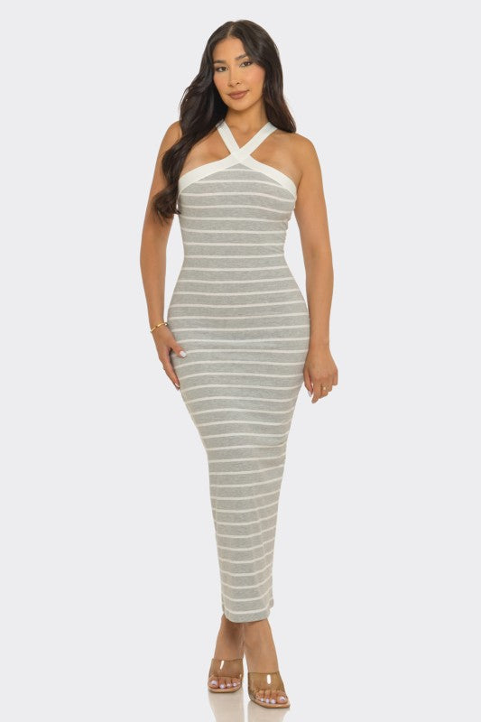 Luxe Crimson Stripe Cross-Neck Midi Dress