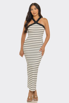 Luxe Crimson Stripe Cross-Neck Midi Dress view 6