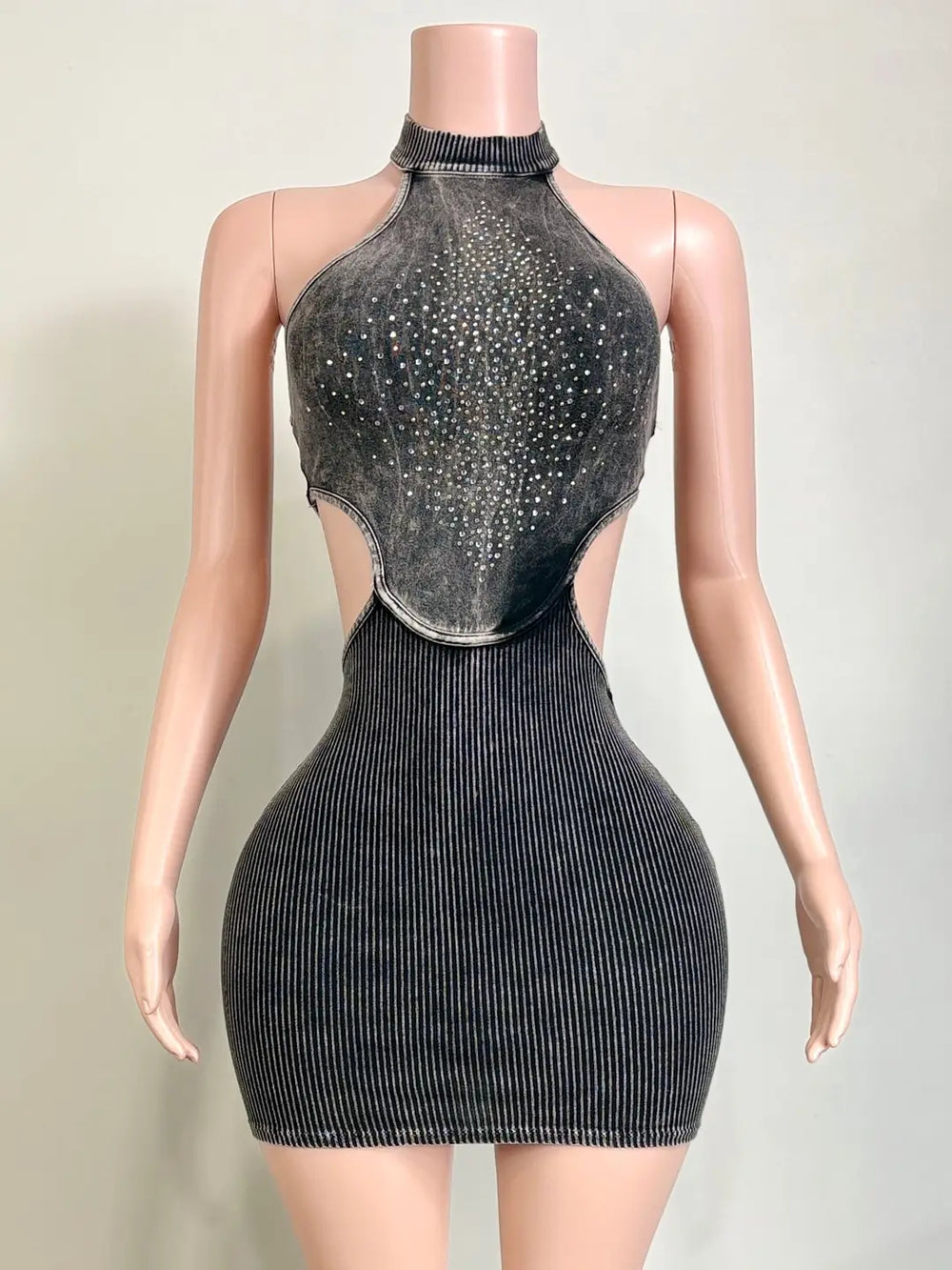 Mineral Wash Stud Gradient Open Back Mini Dress