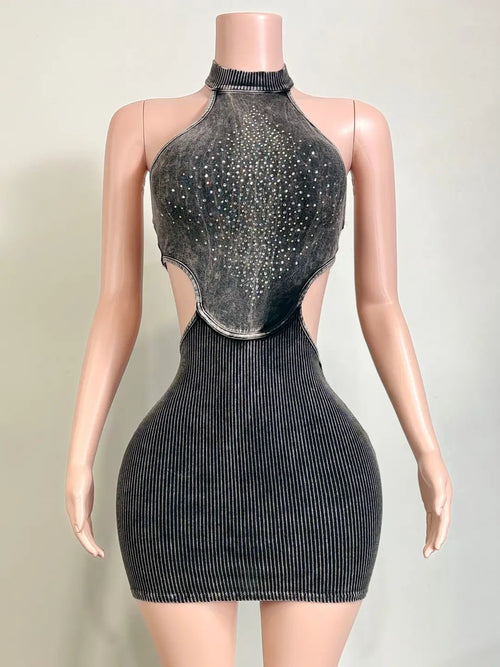 Mineral Wash Stud Gradient Open Back Mini Dress