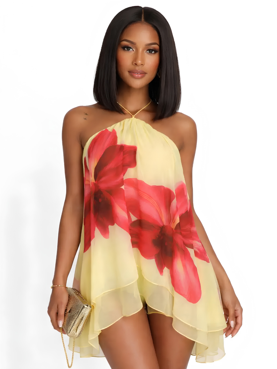 Floral Print Chiffon Halter Tie Flare Mini Dress