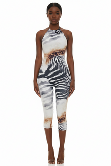 Savage Luxe Halter Capri Jumpsuit Zebra & Leopard Print Bodycon view 3