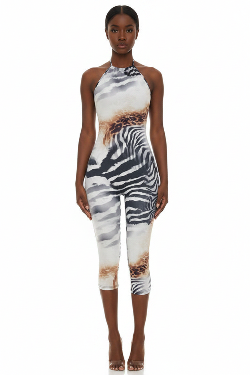 Savage Luxe Halter Capri Jumpsuit Zebra & Leopard Print Bodycon