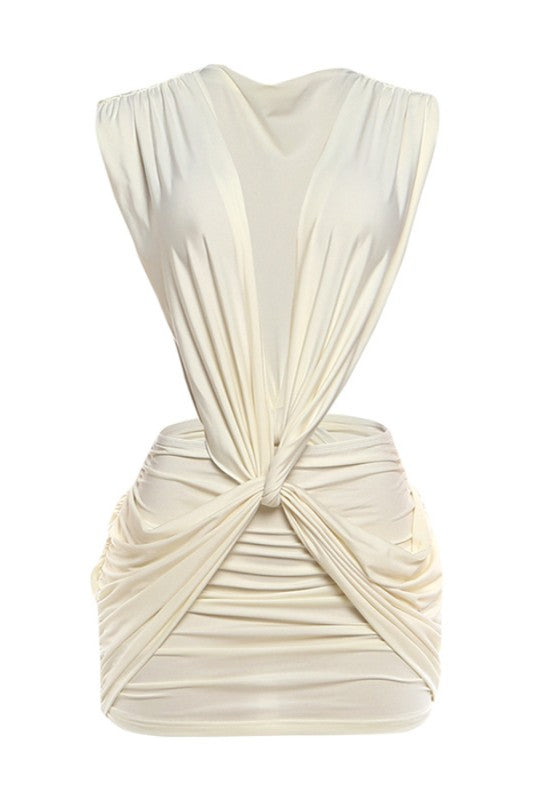 Luxe Draped Mini Dress Ruched Bodycon Twist Detail