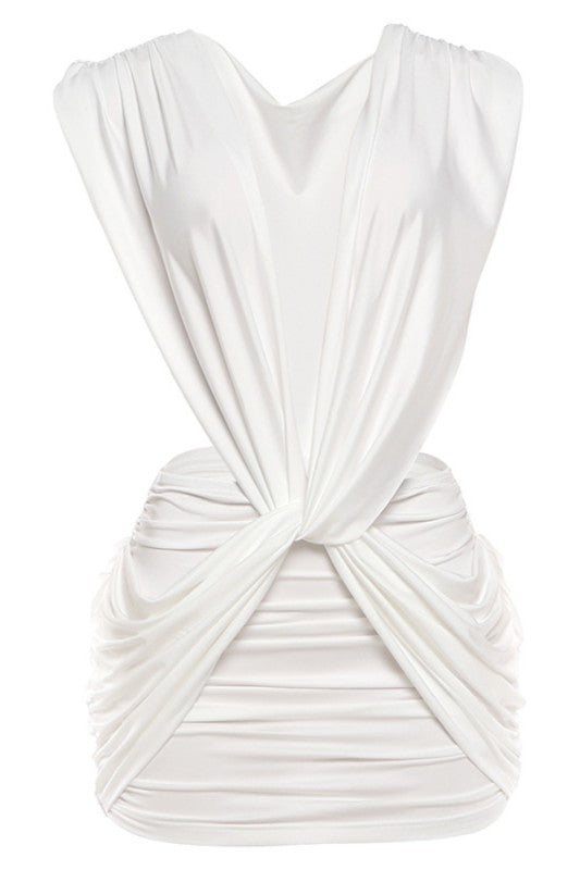 Luxe Draped Mini Dress Ruched Bodycon Twist Detail