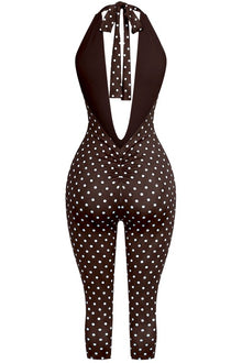 Mocha Muse Polka Dot Halter Jumpsuit Open Back Bodycon Capri view 2