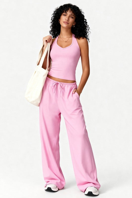 Soft Glow Lounge Set – Halter Top & Wide Leg Pants