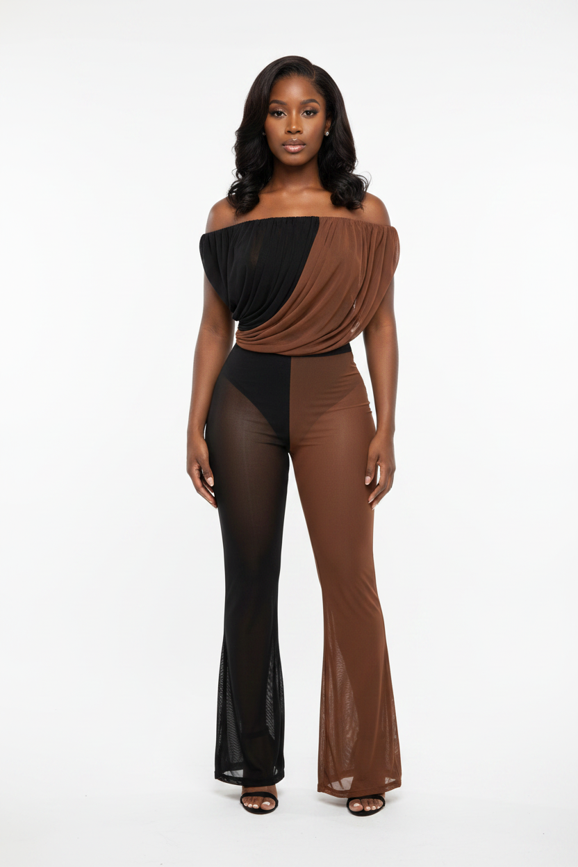Midnight Muse Sheer Illusion Jumpsuit – Off-Shoulder Wide Leg