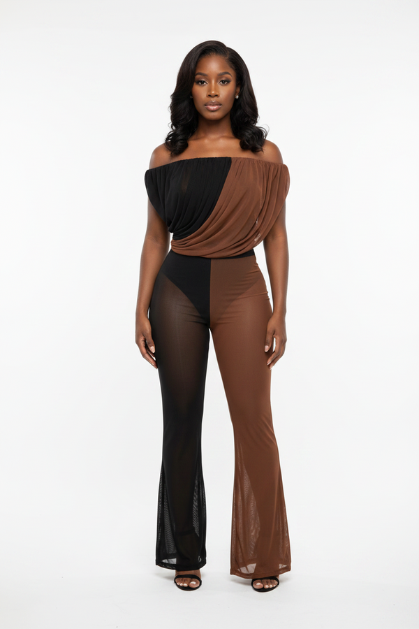 Midnight Muse Sheer Illusion Jumpsuit – Off-Shoulder Wide Leg