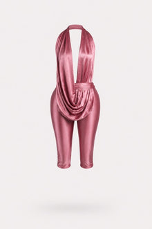 Luxe Drip Halter Capri Jumpsuit Satin Deep Plunge Bodycon Set view 6