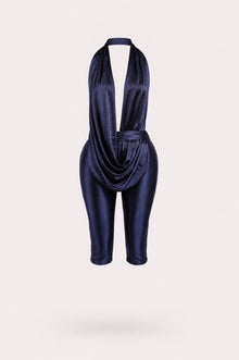 Luxe Drip Halter Capri Jumpsuit Satin Deep Plunge Bodycon Set view 4