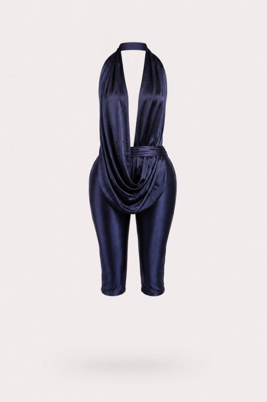 Luxe Drip Halter Capri Jumpsuit Satin Deep Plunge Bodycon Set