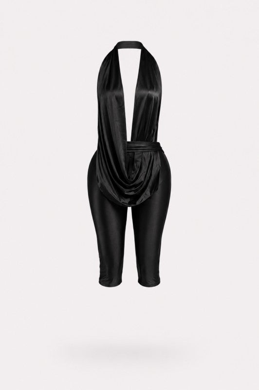 Luxe Drip Halter Capri Jumpsuit Satin Deep Plunge Bodycon Set