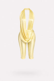 Luxe Drip Halter Capri Jumpsuit Satin Deep Plunge Bodycon Set view 2