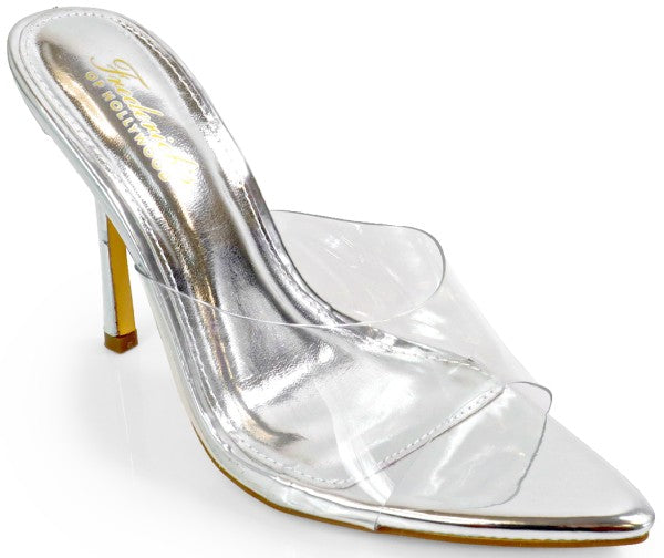 Luna Luxe Clear Silver Stiletto Mule Heels