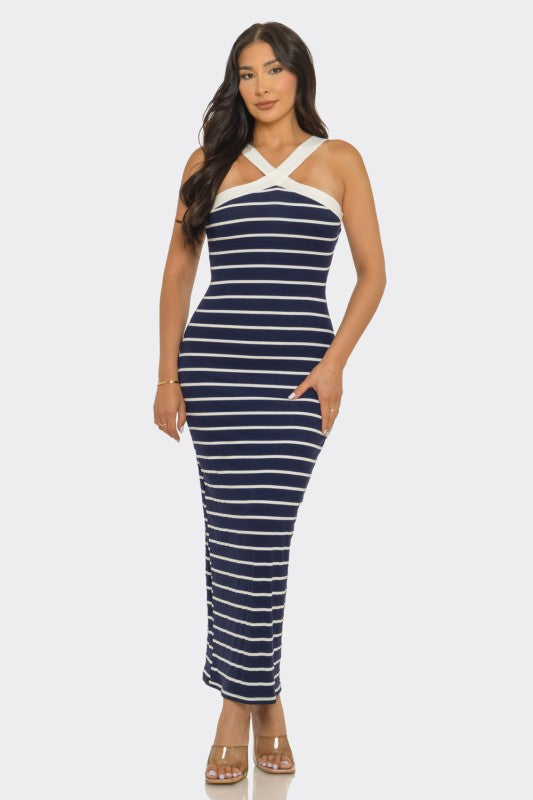 Luxe Crimson Stripe Cross-Neck Midi Dress