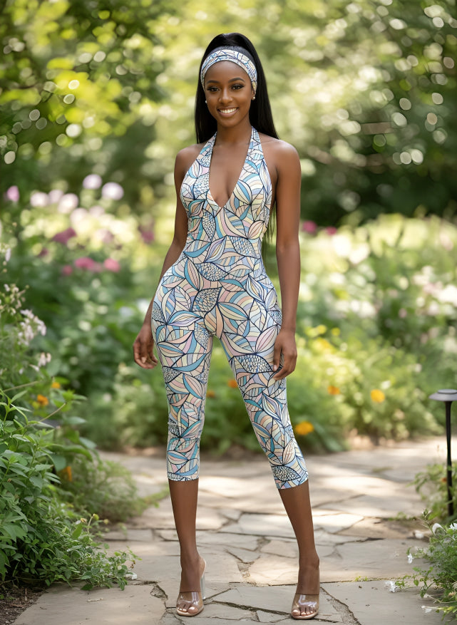 Halter Neck Backless Print Romper